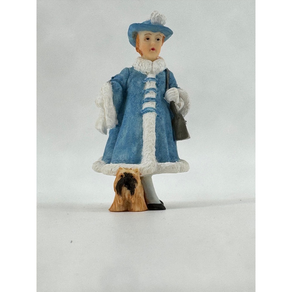 Victorian Lady in Blue Winter Coat Figurine with Terrier Dog Miniature Decor